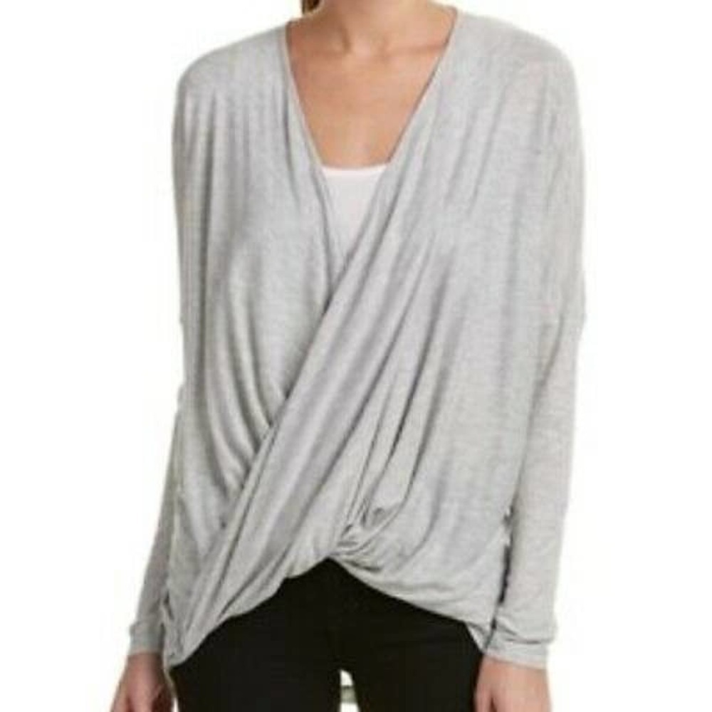 Cabi Taylor Surplice V-Neck Twist Front Draped Long Sleeve Tee Top Sz Small Gray